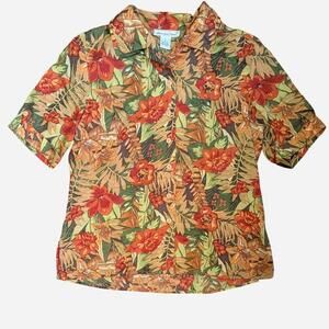 1990s Anna And Frank 100% Silk Tropical Floral Button Up Blouse Vintage Size M